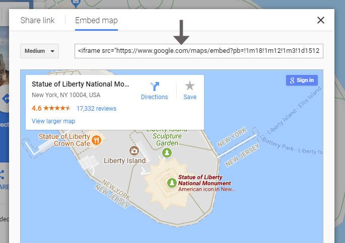 Google Maps Embed Code Window