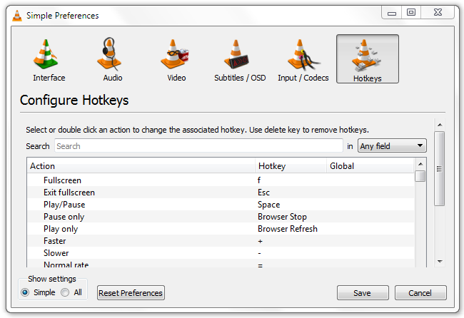 vlc media player keyboard shortcuts jump backward