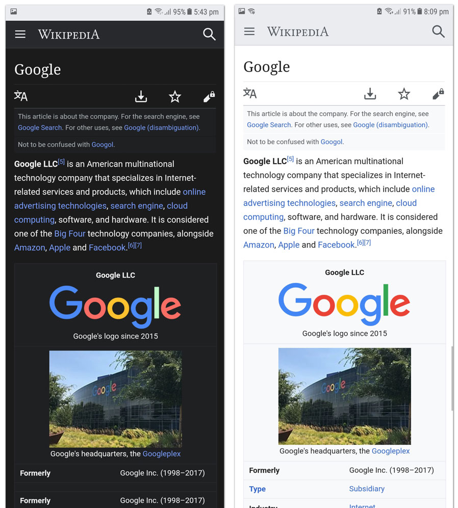 Chrome Dark Night Mode and normal mode compared