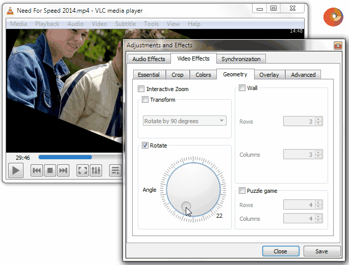 vlc rotate video 90