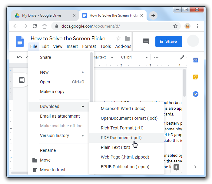 Google Drive Download Word Document as PDF.