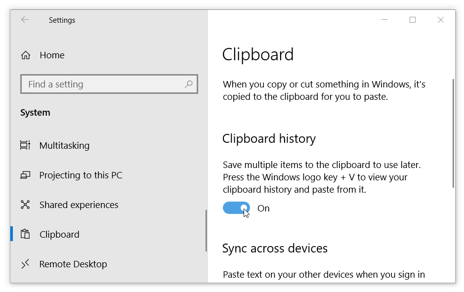 Enable Clipboard History in Windows 10