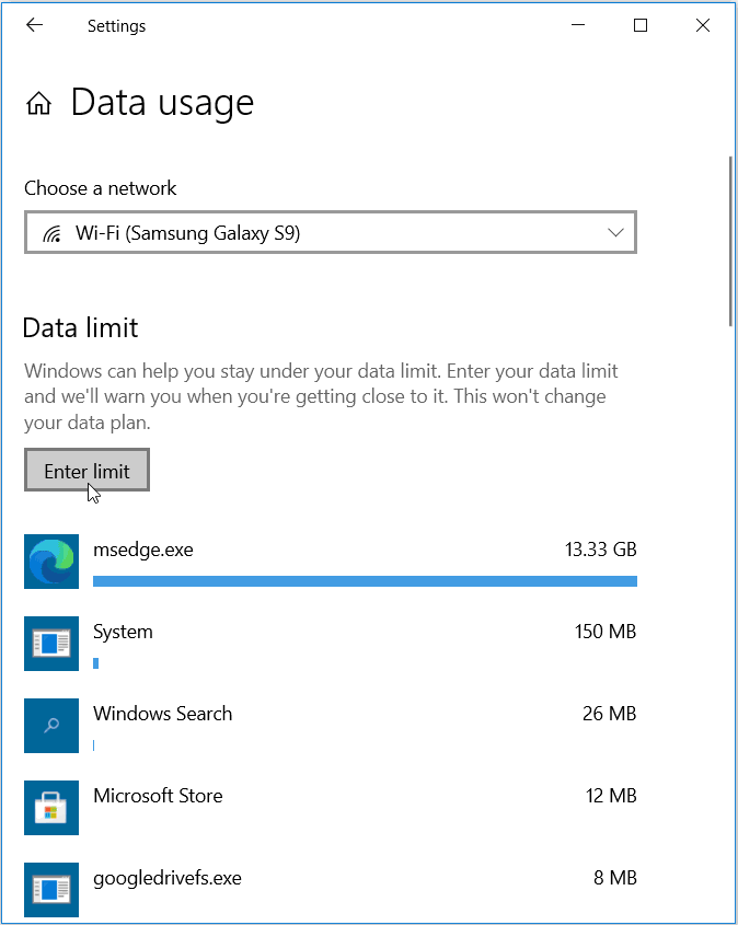 The Data usage stats of Windows apps