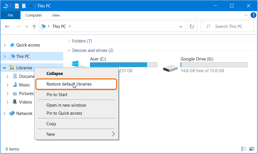 Restore Libraries Folder in Windows 10