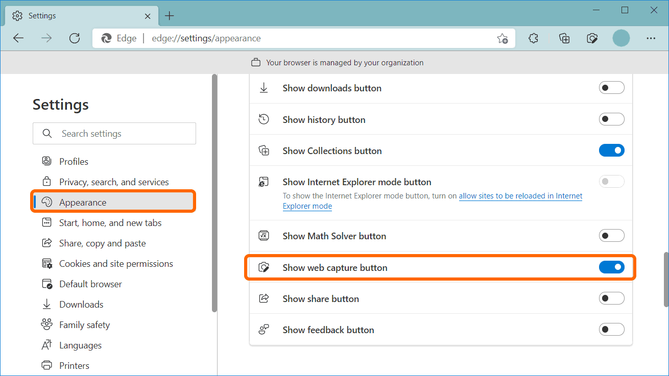 Enable Web Capture in toolbar in Microsoft Edge