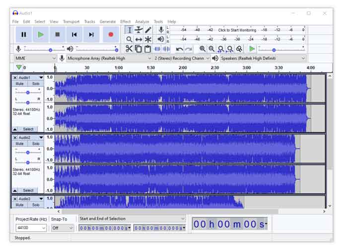 Combining multiple Audio files using Audacity in Windows 10